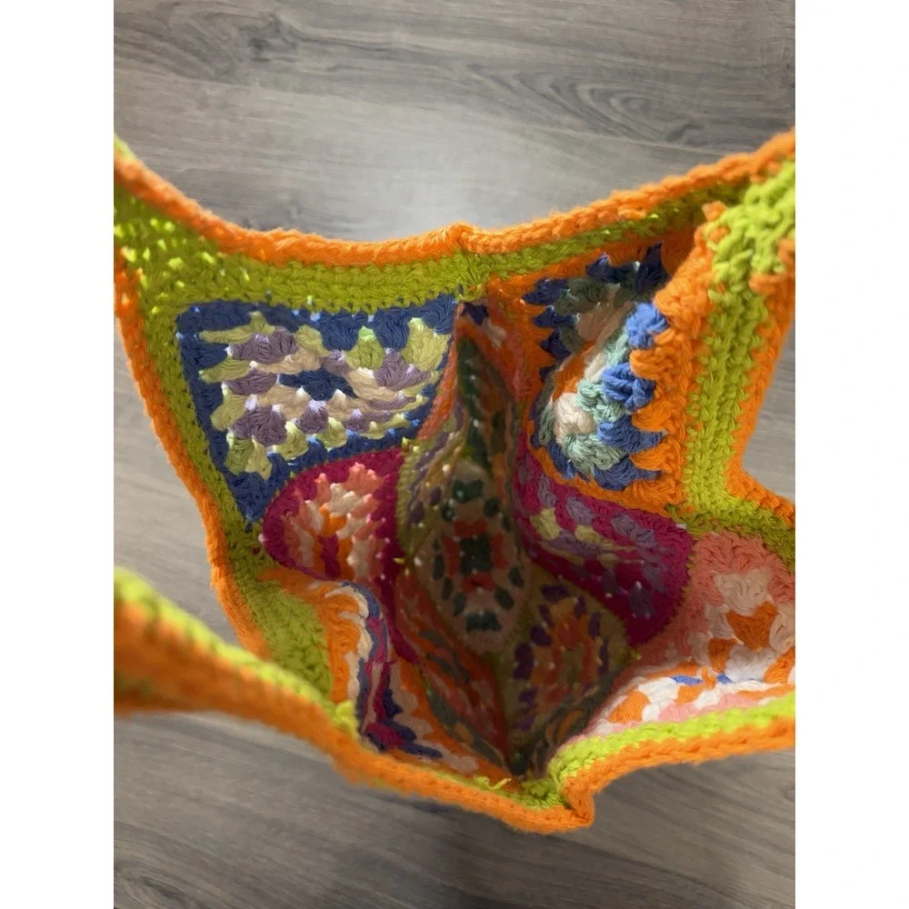 Handmade Crochet Granny Square Tote Bag Multicolor Boho Hippie Travel Bright